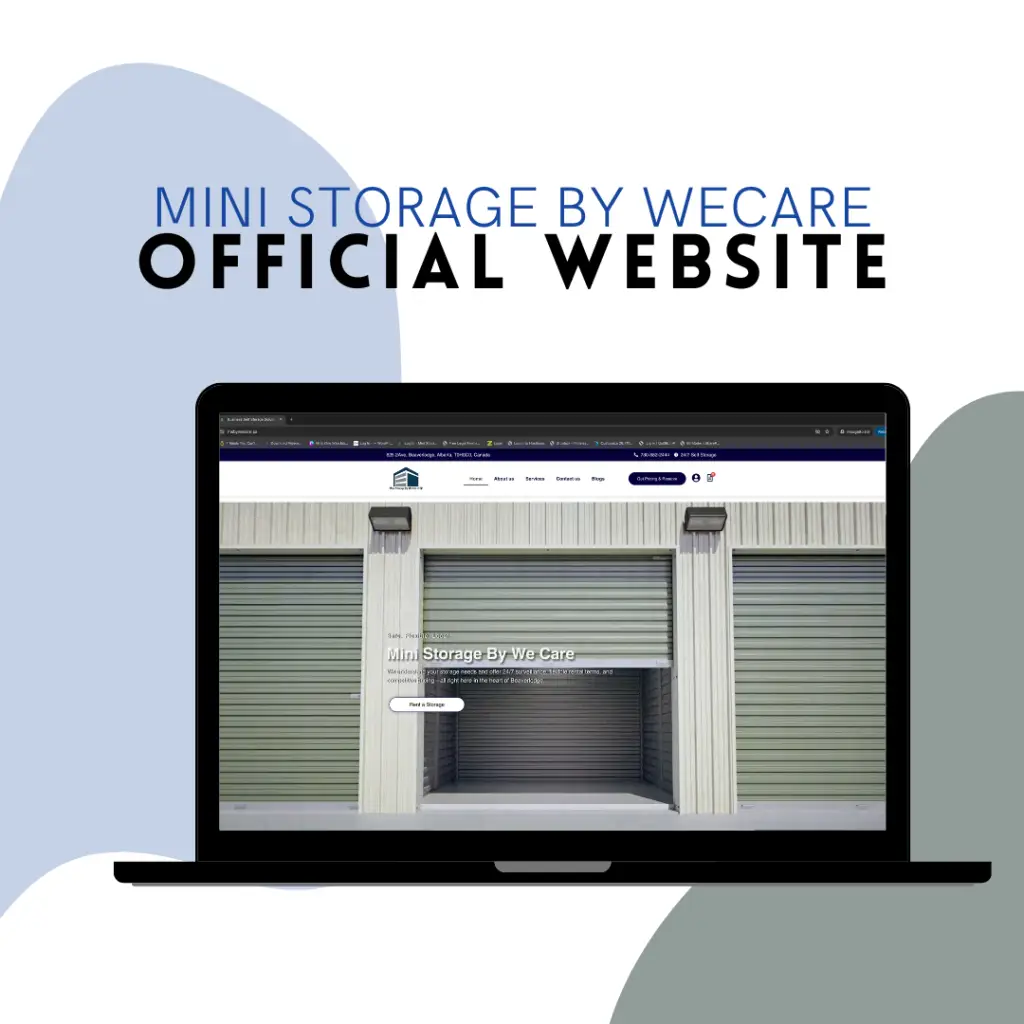 Laptop displaying the official website for Mini Storage by WeCare, showcasing their digital platform and