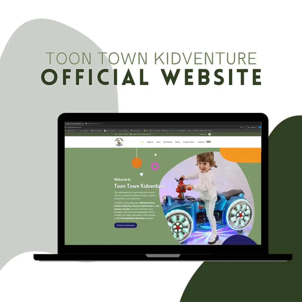 Laptop displaying the Toon Town Kidventure official website design, showcasing a child's birthday party theme