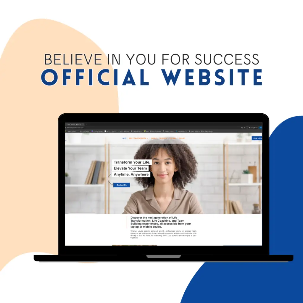 Laptop displaying the official website for Believe In You For Success, showcasing a digital platform