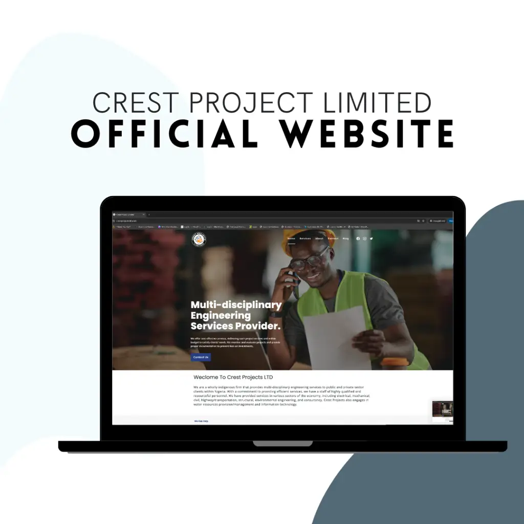 Laptop screen displaying the official website for Crest Project Limited, showcasing multi-disciplinary engineering services and