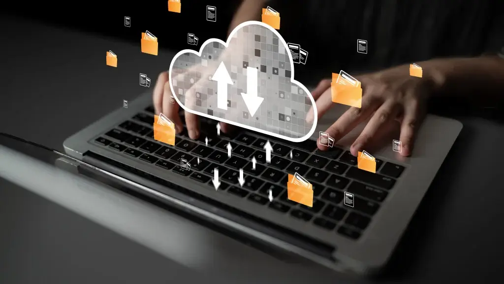 Cloud computing illustration showing data transfer and secure storage over a laptop keyboard, supporting scalable