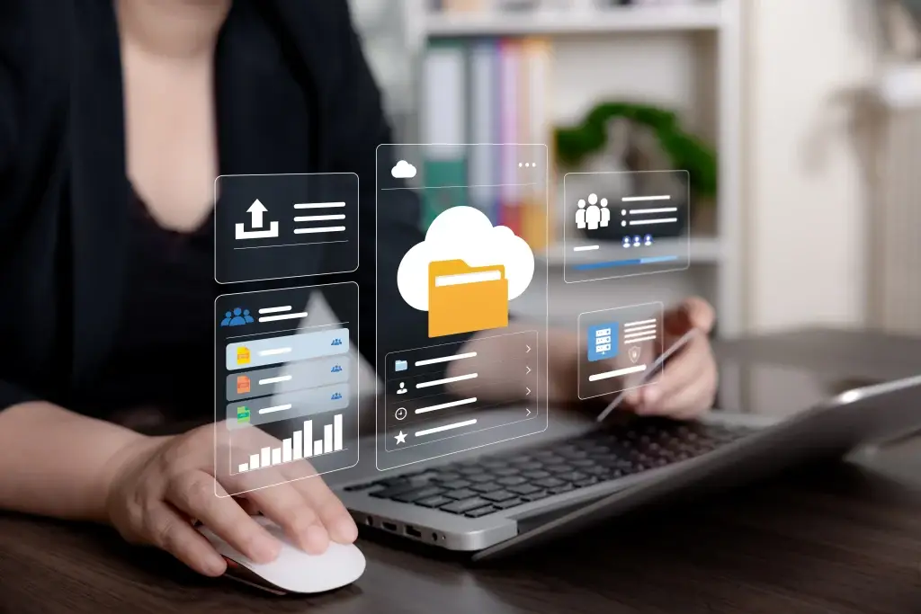 Cloud file management interface illustrating secure upload and shared folders for team access, supported by